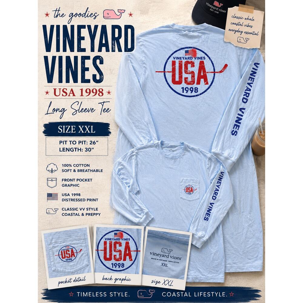 Vineyard Vines USA 1998 Long Sleeve Pocket Tee XXL Blue